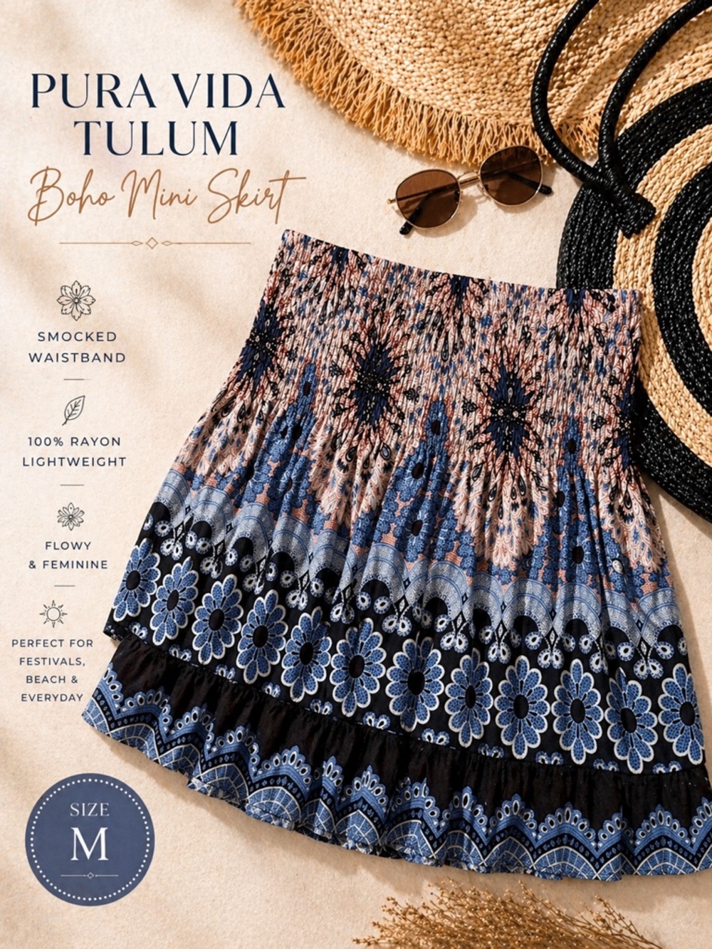 Pura Vida Blue Boho Mini Skirt
